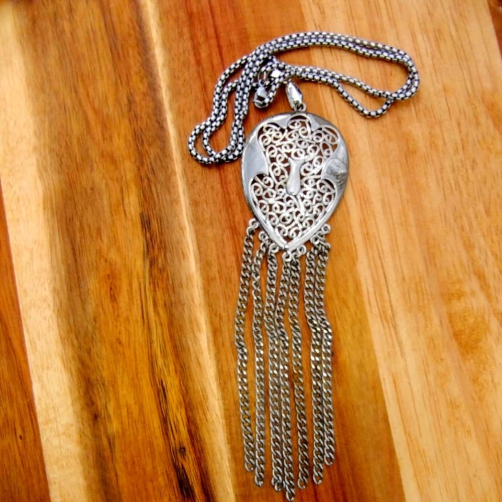 Vintage Large Fillgree Silver tone pendant W/tassles long chain
